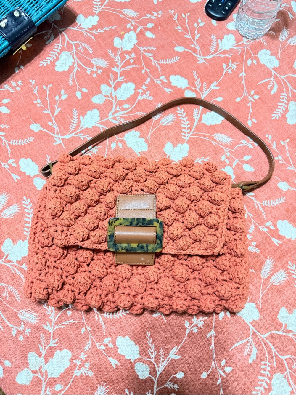 Handcrafted Coral Crochet Shoulder Bag with Tortoise Buckle